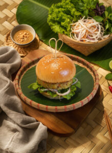 Mì Quảng Burger served with a rich sauce inspired by the flavours of Central Vietnam 